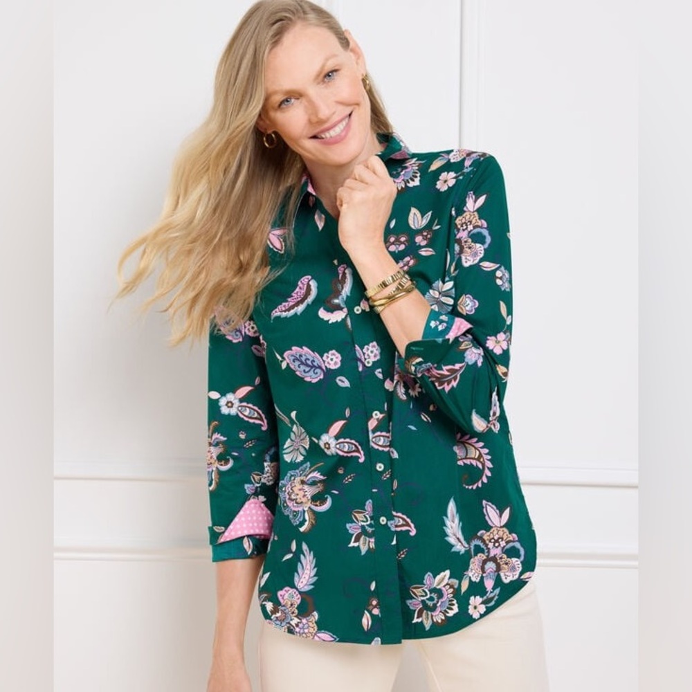 Talbots Green Floral Button Down Shirt